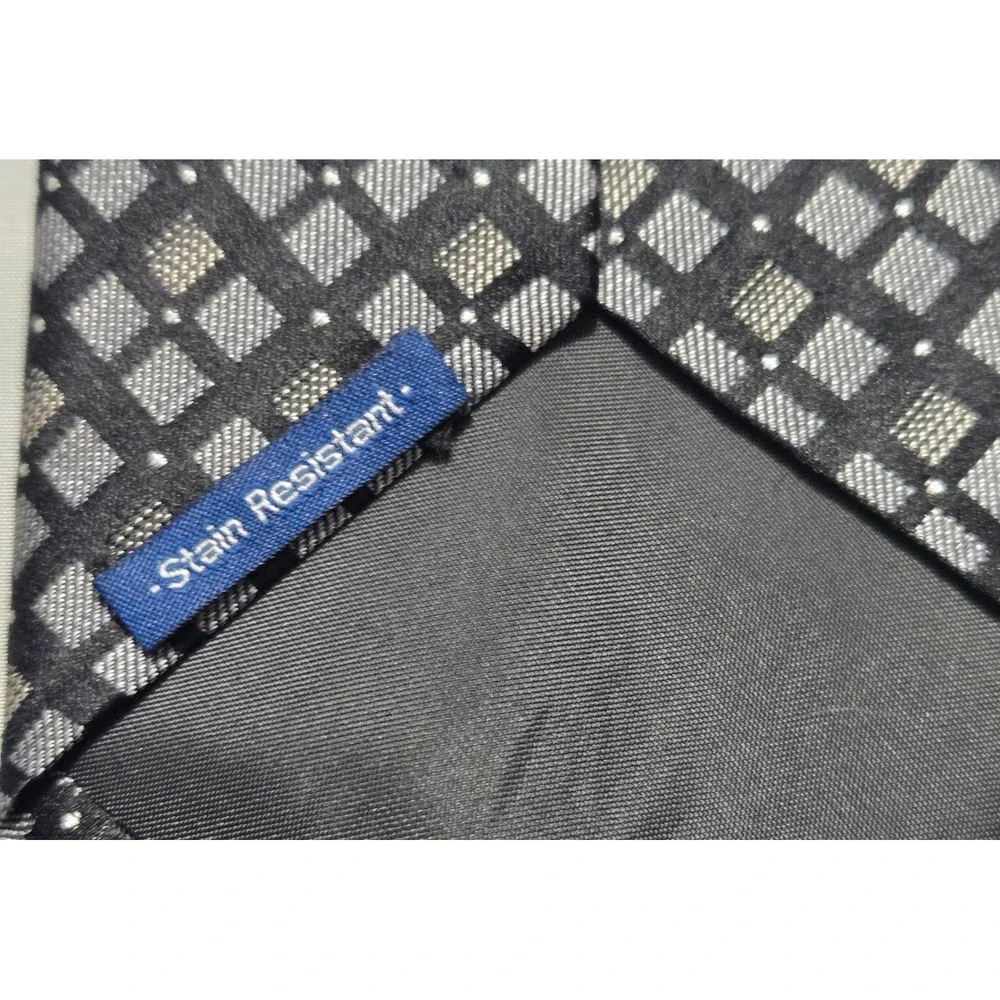 John Ashford Necktie Silk Stain Resistant Geometric Black Grey 3.5x61